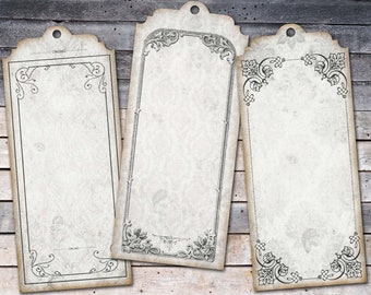 Shabby White Tag, Editable Tag, Black And White, Damask Pattern, Vintage Style, Printable Tag, Vintage Frame, Junk Journal, Digital Download