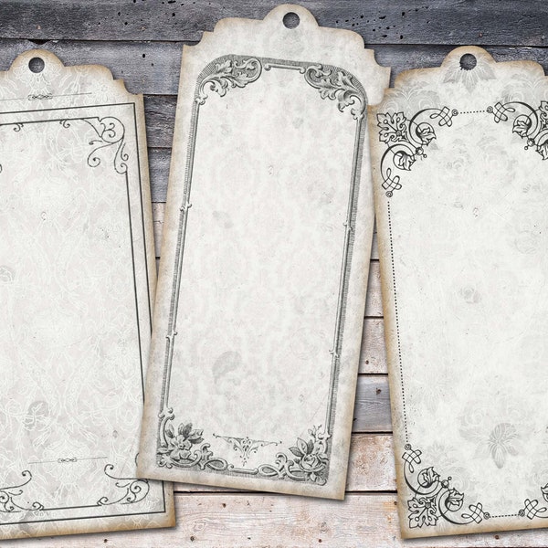 Shabby White Tag, bearbeitbarer Tag, Schwarzweiß, Damastmuster, Vintage-Stil, bedruckbares Tag, Vintagerahmen, Junk Journal, digitaler Download