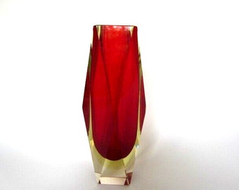 Geometric red and golden amber murano italy sommerso symmetric art glass vase