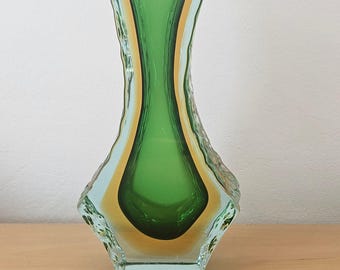Murano Sommerso Ice Glass Vase Greens And Yellow Faceted Art, Alessandro Mandruzzato