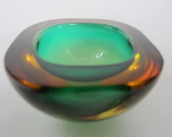 Square shape murano faceted green mcm art glass geode bowl poli seguso era