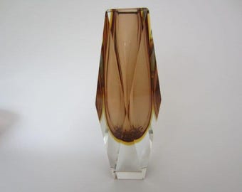 Space age mid century chocolate and gold sommerso art glass faceted prism vase
