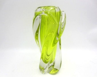 Xl vintage acid lime sommerso hand made twisted sculptural art glass vase czech