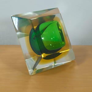 Rare sarcophagus shape art glass bowl vintage murano italy sommerso green amber