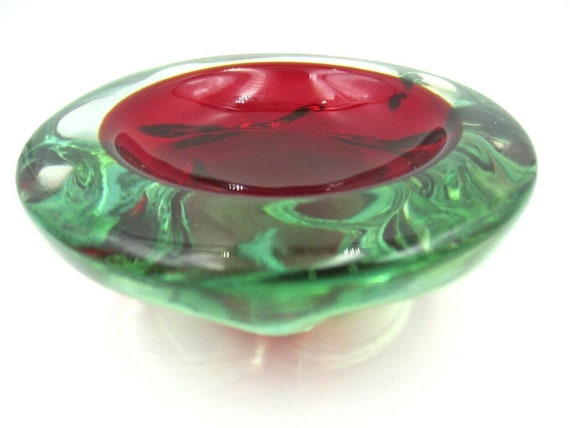 XL red and sapphire flat rim Poli Seguso era sommerso art glass bowl Murano geode