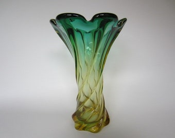 Murano twisted poli seguso era green and golden ombre hand made art glass vase