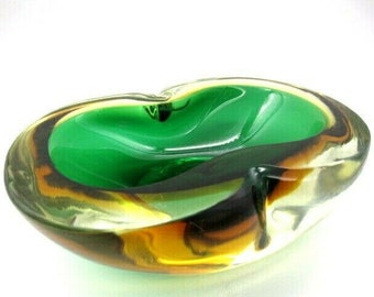 RARE XXL Poli Seguso era Murano 1.6KG art glass geode bowl Sommerso green and amber