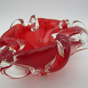 Murano art glass bowl sommerso red sculptural unusual ribbed body 1960s