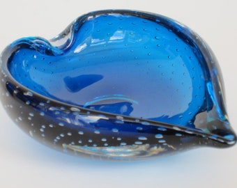 Blue love heart shape whitefriars art glass sommerso bubble bowl poli seguso era