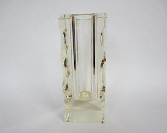 Murano style yellow faceted glass vase geometric art glass column thick & heavy.