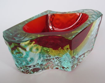 Abstract ice glass bowl textured faceted murano red amber in blue sommerso