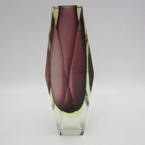 Geometric purple and golden amber murano italy sommerso symmetric art glass vase