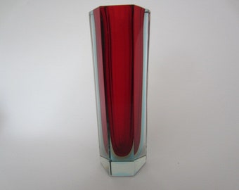 Vintage murano mandruzzato red amber blue hexagonal triple sommerso block vase