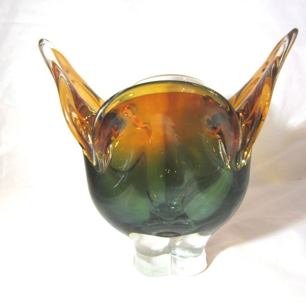 sommerso cats head art glass bowl STUNNING green and orange Josef Hospodka