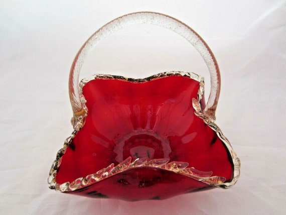 Vintage Barbini ruby red Murano basket bowl 24k Gold Aventurine Rigaree