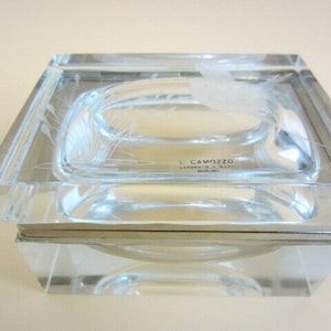 Vintage LUIGI CAMOZZO hand engraved pheasant Murano glass trinket box signed