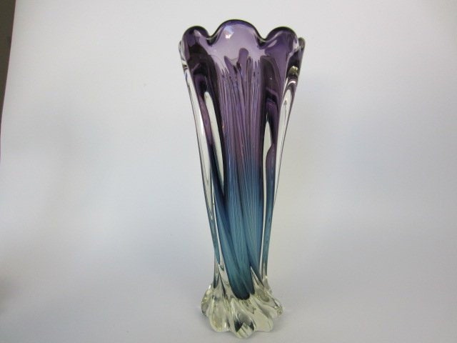 Purple Blue Sommerso Art Glass Vase Twisted Ribbed Vintage