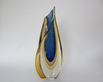 Murano sommerso italian handmade blue, yellow, and clear crystal xl vase + label