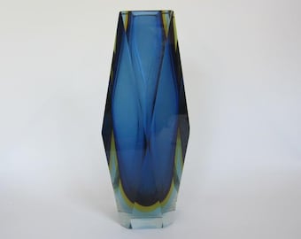 Art glass vase 10in mandruzzato diamond facet cut blue gold blue murano sommerso