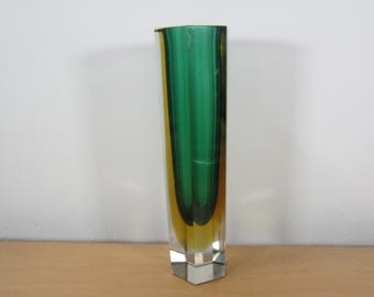 Vintage murano mandruzzato green amber hexagonal sommerso block vase 22cm