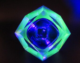 Murano sommerso art glass bowl blue blue glowing green geometric facet prism cut