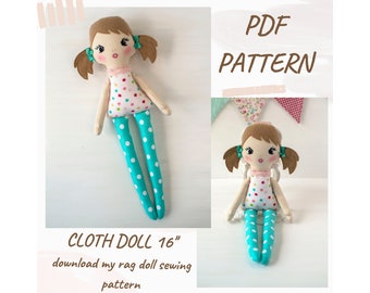 PDF Rag Doll Pattern 16'', Download Cloth Doll Sewing Pattern, Fabric Doll Pattern, Baby Doll Pattern, Make Your Own Doll, Soft Doll Pattern