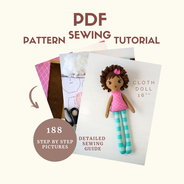 PDF Rag Doll Pattern, Cloth Doll Sewing  Pattern & Tutorial 16'', Download Fabric Doll Pattern and Detailed Instructions