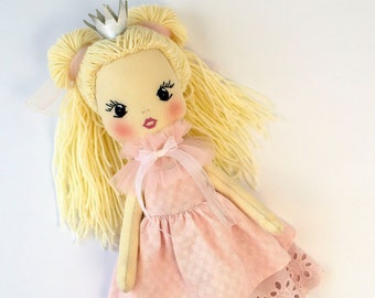 Handmade cloth doll in a dress Princess doll gift for girl Personalized rag doll with embroidered name Fabric doll handmade for kids