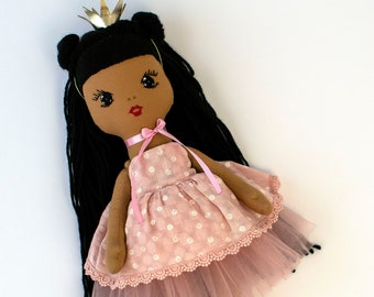 Personalized black princess doll with embroidered name African american cloth doll in a dress Rag doll gift for girl Soft doll for kids