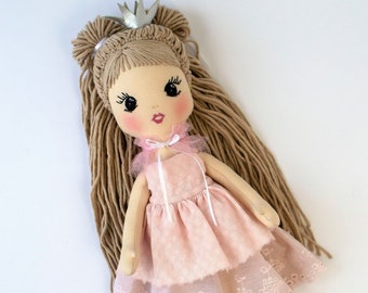 Handmade cloth doll in a dress Princess doll gift for girl Personalized rag doll embroidered name Fabric doll perfect first birthday gift