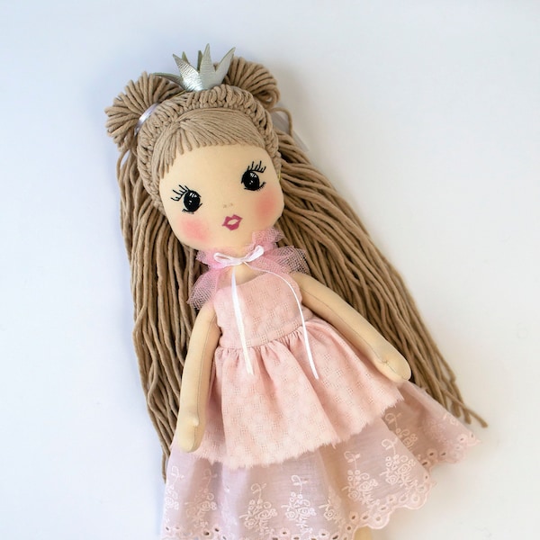 Handmade cloth doll in a dress Princess doll gift for girl Personalized rag doll embroidered name Fabric doll perfect first birthday gift