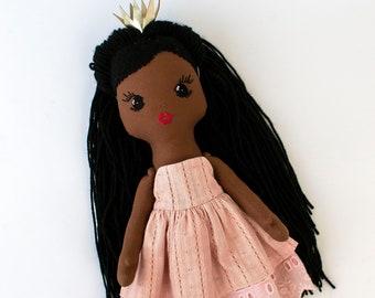 Black princess doll Personalized rag doll with name African american doll Handmade cloth doll in a dress Heirloom doll Soft fabric doll