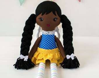 Black rag doll handmade for toddlers African american doll 16'' Personalized cloth doll gift for girl Heirloom doll Fabric doll for kids