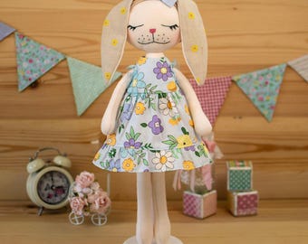 Bunny Rag Doll 16 in.: Personalized Embroidered Name, Floral Blue Dress
