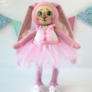 Art Doll Bunny Doll, Handmade Rabbit Cloth Doll, Soft Fabric Heirloom Doll