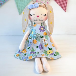 Handmade bunny doll Personalized rag doll gift for girl Stuffed rabbit doll Cloth doll for toddler Fabric soft toy First baby doll