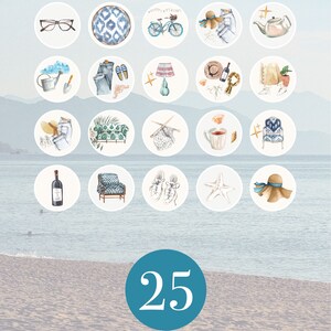 May include: A set of 25 watercolor illustrations for Instagram highlight covers. The illustrations feature a coastal grandmother theme with images of seashells, teacups, books, and more.