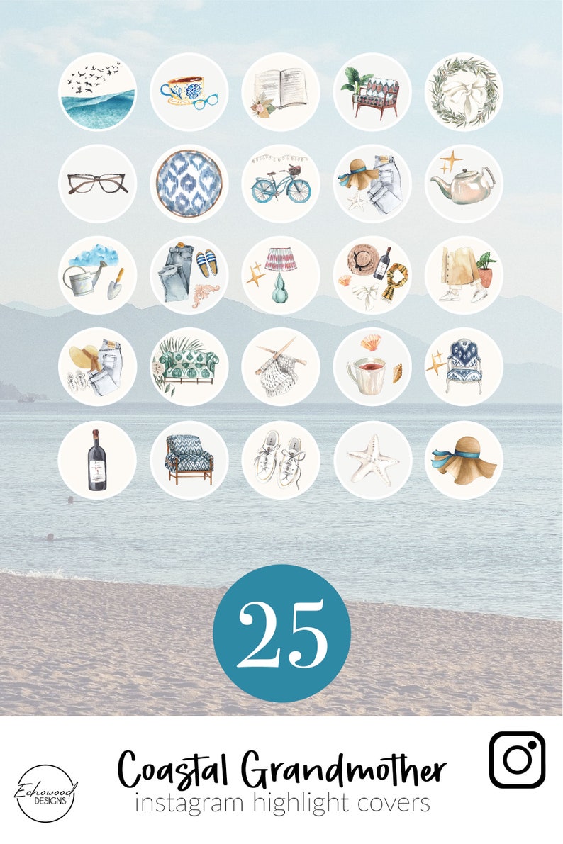May include: A set of 25 watercolor illustrations for Instagram highlight covers. The illustrations feature a coastal grandmother theme with images of seashells, teacups, books, and more.