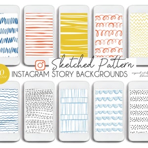 May include: 20 Instagram story backgrounds featuring sketched patterns in a variety of colours and styles. The patterns include wavy lines, stripes, dots, zigzags and swirls.