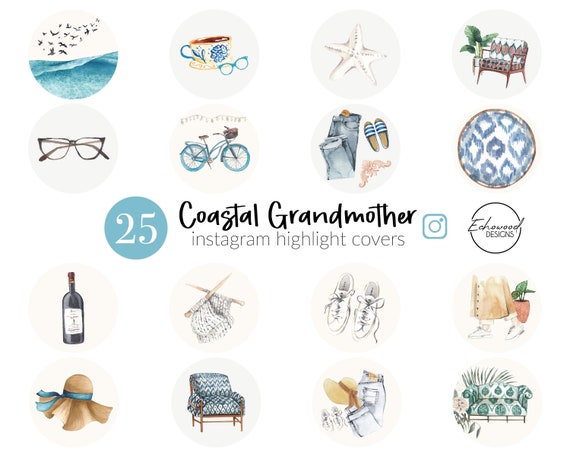 Coastal Grandmother Instagram Highlight Covers For Small Business Social Media, Coastal Grandma Art IG Highlight Icons For Influencers