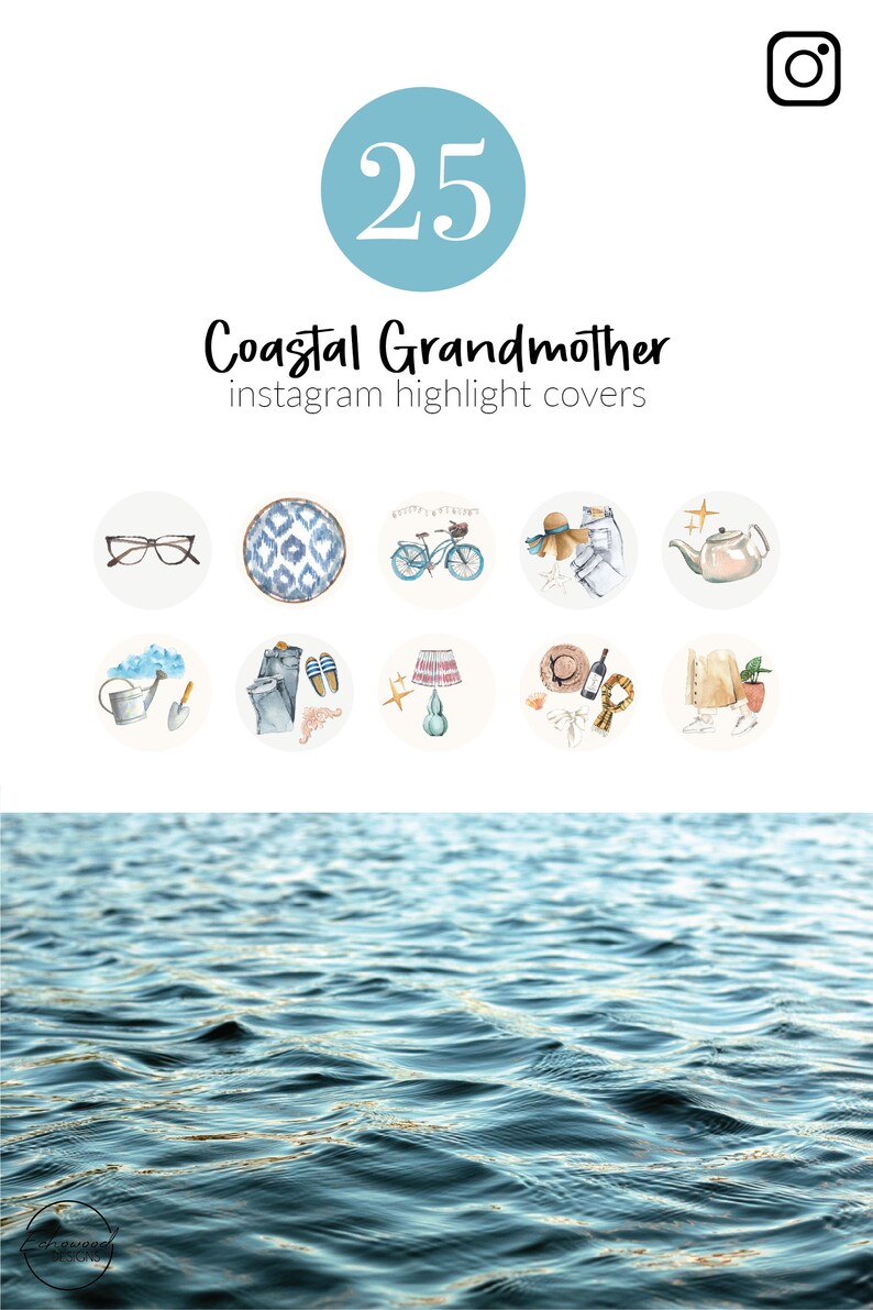 May include: A set of 25 watercolor illustrations for Instagram highlight covers with a coastal grandmother theme. The illustrations include a teapot, a bicycle, a hat, a watering can, a lamp, a book, and more.