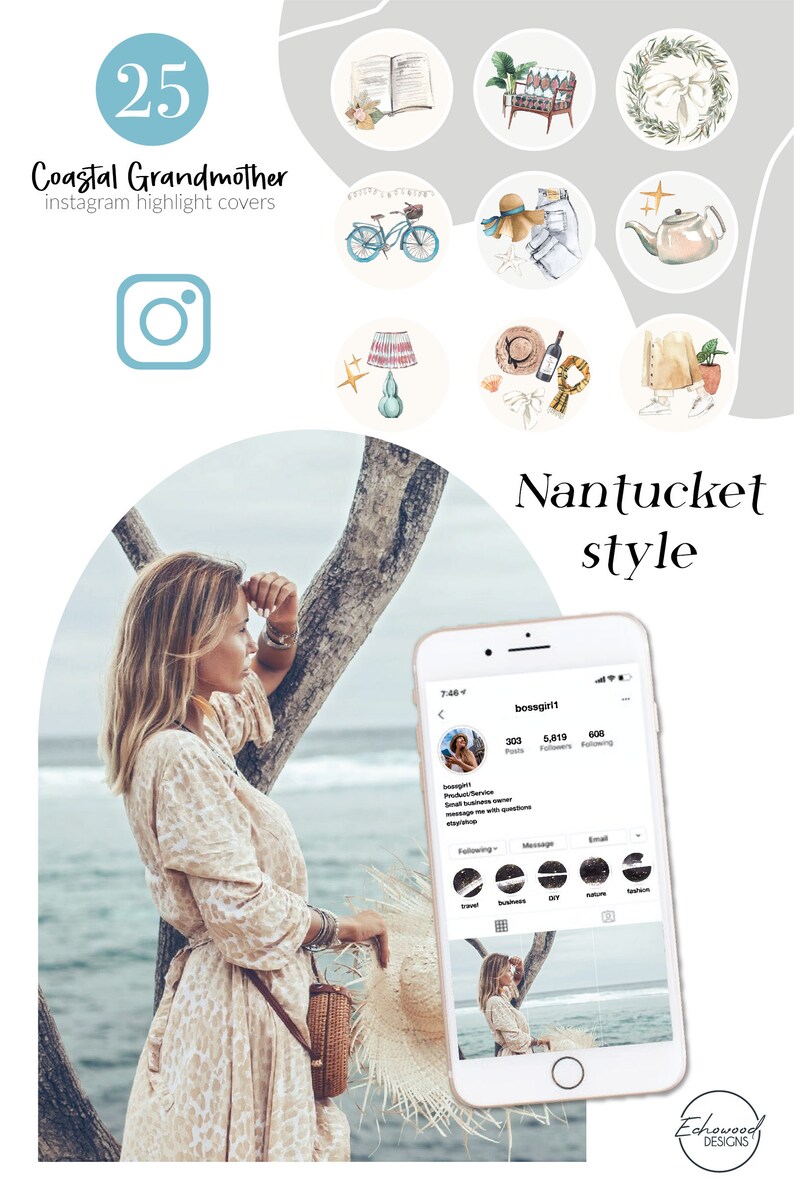 May include: A set of 25 watercolor illustrations for Instagram highlight covers. The illustrations are in a coastal grandmother style and feature images of books, teapots, hats, and other items. The text "Nantucket style" is also included in the image.