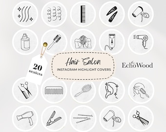 Puede incluir: Un conjunto de 20 cubiertas de destacados de Instagram para salón de belleza en blanco y negro. Las cubiertas presentan varias herramientas e iconos de salón de belleza, incluyendo tijeras, peines, secadores de pelo y planchas para el pelo. El texto "Hair Salon" y "Instagram Highlight Covers" está incluido en la imagen.