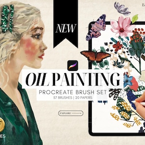 Peut inclure: Une illustration numérique d'un motif floral avec une main tenant un stylet. Le texte "OIL PAINTING" est en grandes lettres grasses. Le texte "PROCREATE BRUSH SET" est sous le titre. Le texte "57 BRUSHES | 20 PAPERS" est sous le titre du jeu de pinceaux. Le texte "EXPLORE" est sous les détails du jeu de pinceaux. Le texte "EchoWood" est dans le coin supérieur droit de l'image.