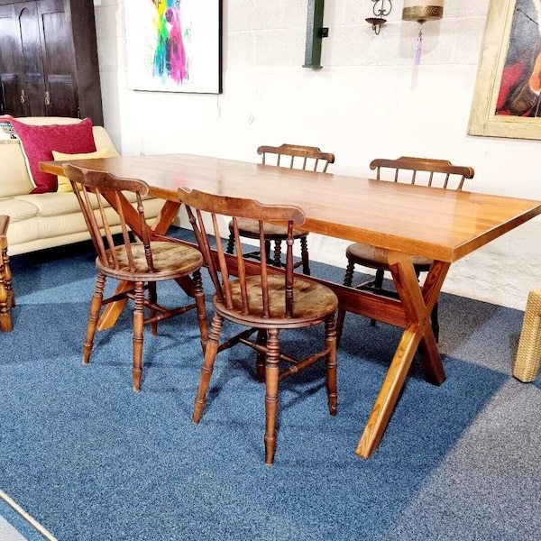 Vintage Solid Pine Trestle Dining Table