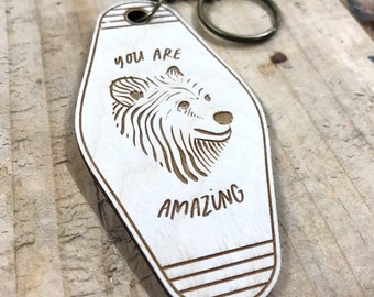 Bear Keychain - 'You Are Amazing' - Wooden Eco Bear Keyring - Engraved Wood Keyring by Oliver Stockley