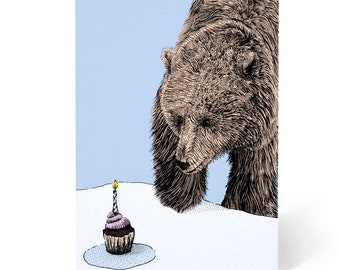 Bear vs Cupcake Birthday Card - Happy Birthday Greeting Card - Bear Lover Birthday Card - Cute Bear Birthday Card - Animal Happy Birthday