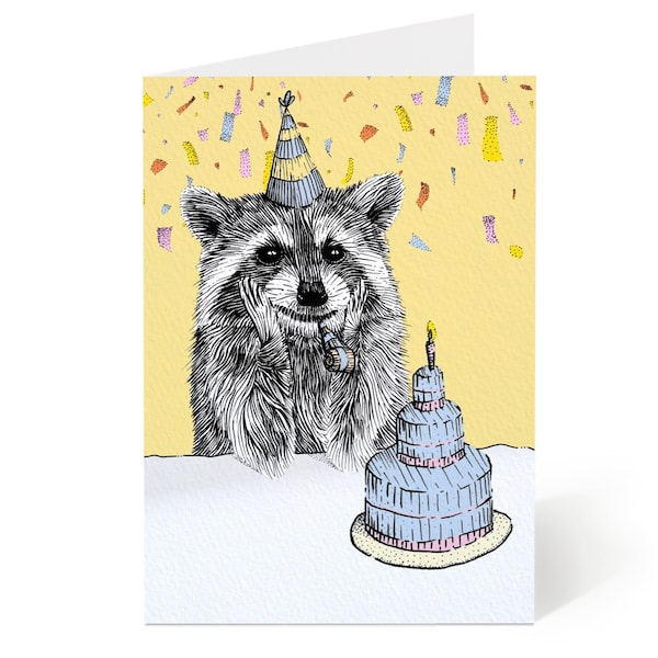 Mapache con tarjeta de pastel - Tarjeta de cumpleaños de mapache - Tarjeta de felicitación para los amantes de los mapaches - Tarjeta de cumpleaños de animales dibujados a mano