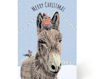 Weihnachtskarte Esel - Esel und Rotkehlchen Weihnachtskarte - Xmas Donkey Card - Xmas Robin Card - Little Donkey Card