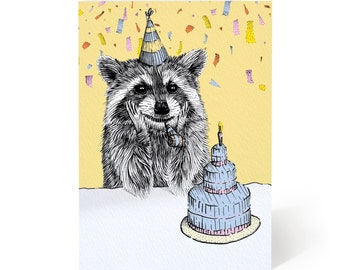 Raccoon with Cake Card - Raccoon Birthday Card - Greeting Card for Raccoon Lovers - Hand Drawn Animal Birthday Card